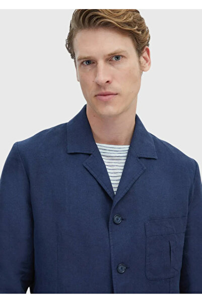 Ramsey Navy Blue Slim Fit Cotton Blended Plain Shirt Jacket