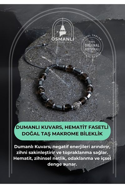 OSMANLI DOĞAL TAŞ Certified Smoky Quartz, Natural Stone Macrame Bracelet with Hematite Facets