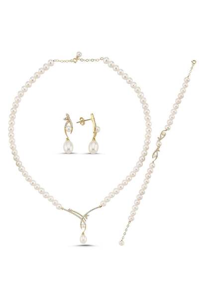 Birinci1926 14 Ayar Altın 7 Mm Yaprak Taşlı Doğal Incili Küpe Kolye Bileklik Üçlü Set