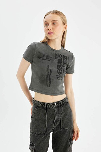 DeFacto Crew Neck Printed Ribbed Camisole T-Shirt - Short Sleeve D4385Ax24Sm