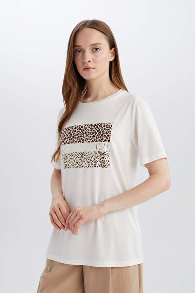DeFacto Μπλουζάκι με κοντό μανίκι με στάμπα λεοπάρ με κανονική εφαρμογή D8925AX25SP