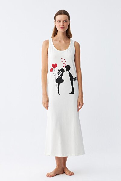 Akbeniz Long Ecru Combed Cotton Nightgown - Thick Straps, Women's, 12001