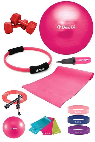 Delta 140-159 Cm Paint Suitable 14 Piece Pilates Set - 55 Cm Ball, 4 Mm Cushion Hoop, Squat Band 2 Kg Dumbbell