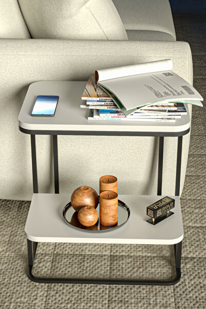 GOLDFALEZ Yan Sehpa 2 Katlı Koltuk Sehpası Beyaz