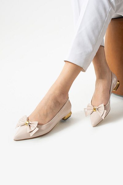 Güllü Shoes Cream Patent Leather Vegan Leather Bow Gold Heeled Pointed Toe Comfortable Women's Ballerina Shoes Model