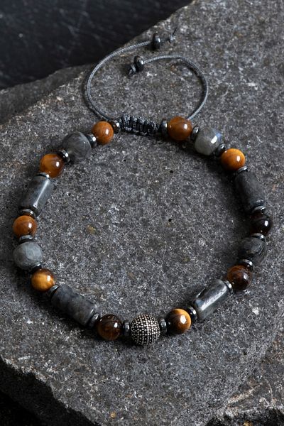 OSMANLI DOĞAL TAŞ Certified Spectrolite, Tiger Eye, Labradorite, Hematite Silver Apparatus Natural Stone Macrame Bracelet