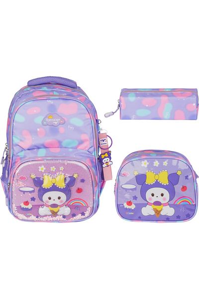Relaxion Rlx-1370 Kuromi Unicorn Set de trei pentru fete și copii cu suport pentru creion și cutie de prânz cu model pentru școală primară S