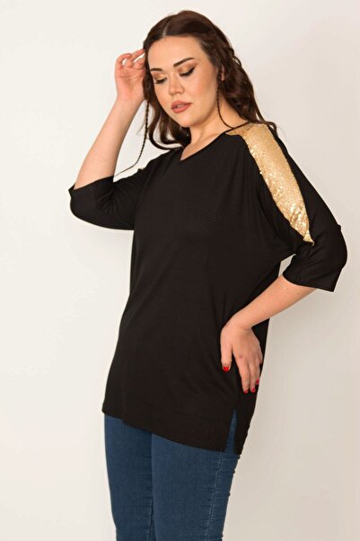 Şans Női nagyméretű arany flitteres, részletes V-nyakú Capri ujjú viszkóz blúz 65n32086