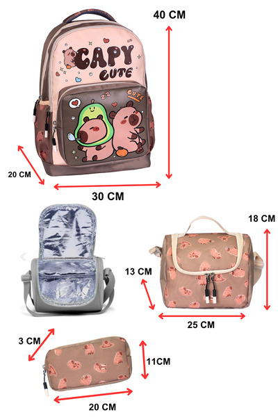 Çantaland 3’Lü İlkokul Capy Cute Baskılı, Erkek Çocuk Beslenmeli Ve Kalemlikli Okul Çantası