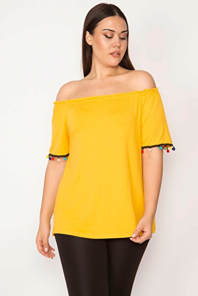 Şans Women's Large Size Mustard Collar Elastic Sleeves Pompom Detailed Blouse 65n29509