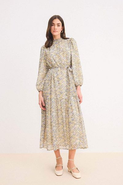 DeFacto Langärmliges Midikleid mit Rundhalsausschnitt und Schärpe E4341AX25SP