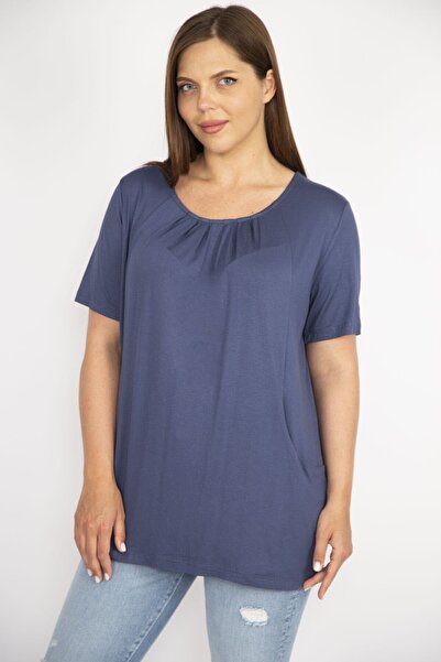 Şans Women's Indigo Large Size Collar Pleated Pocket Tunic 65n36467