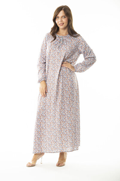 Şans Dámské modré dlouhé šaty velké velikosti s nabíraným límcem a rukávy a gumovým detailem 65n36905