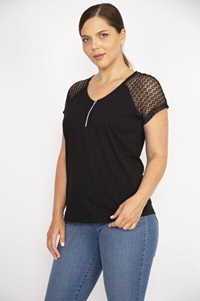Şans Women's Black Plus Size Cotton Fabric Front Placket Zippered Sleeves Lace Blouse 65n36586
