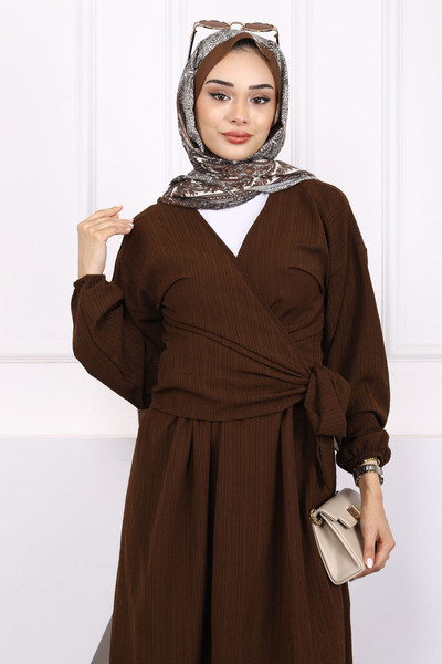 İmajButik Brown Side Tie Blouse Skirt Suit