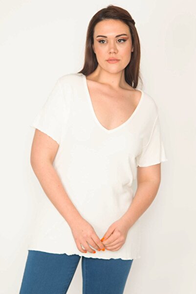 Şans Жіноча блуза великого розміру з V-подібним коміром та еластичною вставко...