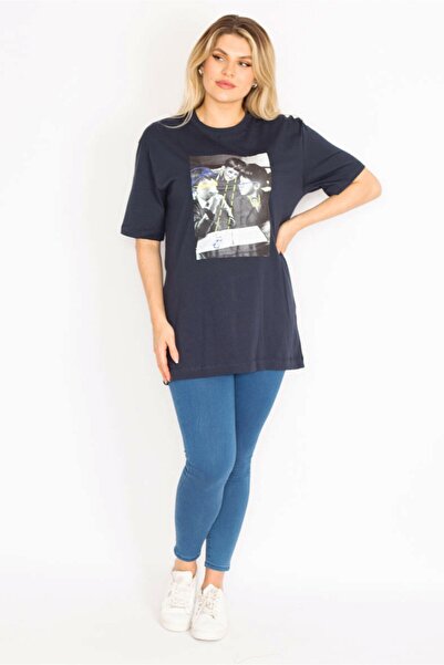 Şans Women's Plus Size Navy Blue Front Printed Blouse 65n26470