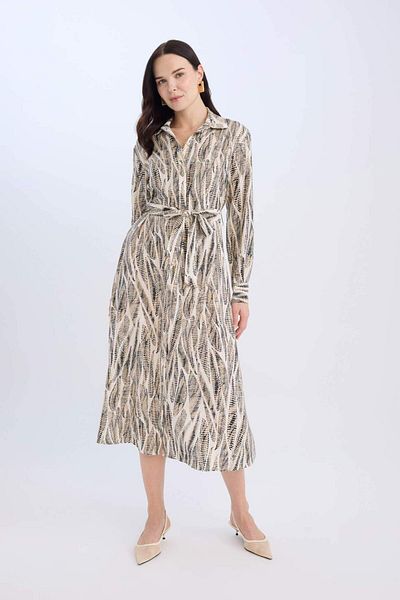 DeFacto Regular Fit Print V Neck Belted Long Sleeve Maxi Dress E0784Ax25Sp