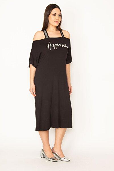 Şans Women's Large Size Black Glitter Detailed Front Printed Viscose Dress 65n27473