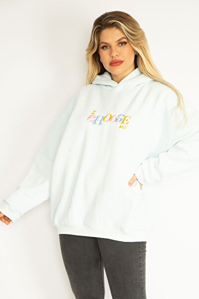 Şans Жіночий великий розмір синій 3-нитковий флісовий светр з вишитим капюшоном 65n35078