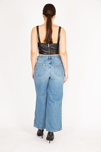 Şans Blugi de damă, albastru, mărime mare, cu dungi laterale, cu 5 buzunare 65n36270