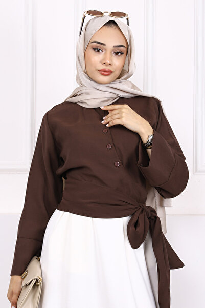 İmajButik Καφέ πουκάμισο με δέσιμο στη μέση