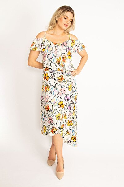 Şans Women's Large Size Colorful Collar Elastic Strap and Flounce Detailed Dress 65n34441