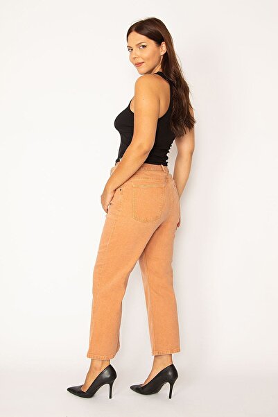 Şans Women's Large Size Orange Ankle Length 5 Pocket Jeans Trousers 65n34343