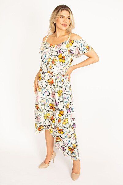 Şans Γυναικείο φόρεμα μεγάλου μεγέθους, πολύχρωμο γιακά ελαστικό λουράκι και ...