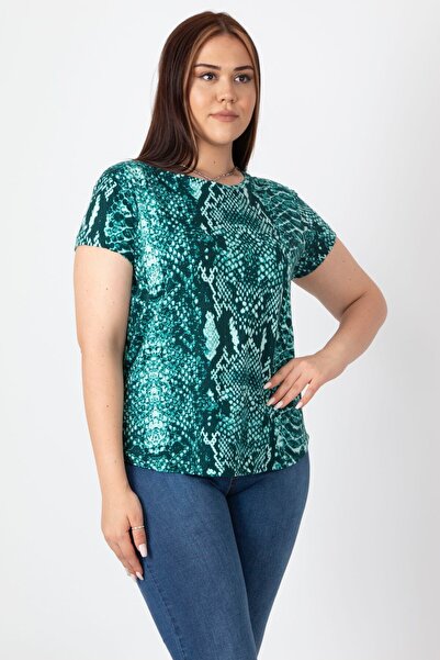 Şans Women's Large Size Green Crew Neck Basic Patterned T-Shirt 65n16888