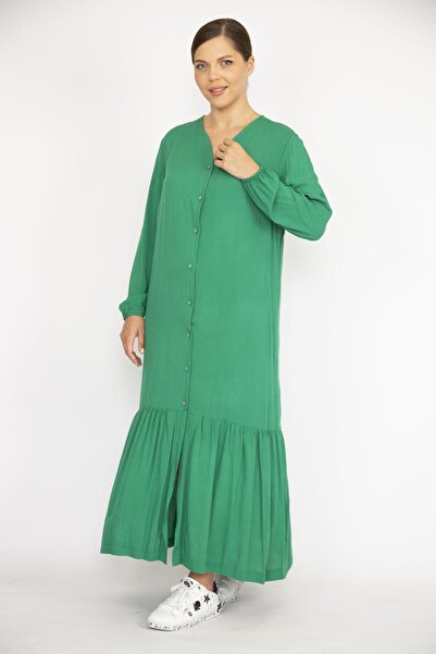 Şans Női zöld nagy méretű szőtt viszkóz szövet elöl hosszú gombos hosszú ujjú ruha 65n36694