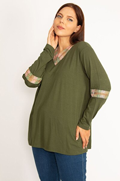 Şans Γυναικεία Μπλούζα Δαντέλα Χακί Μεγάλου Μεγάλου Μεγάλου Μεγέθους Λεπτομερής Μπλούζα 65n34647