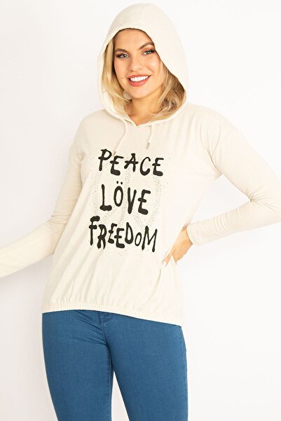 Şans Γυναικεία μπλούζα με κουκούλα σε μεγάλο μέγεθος μπεζ μπροστά με στάμπα με ελαστικό στρίφωμα 65n34600