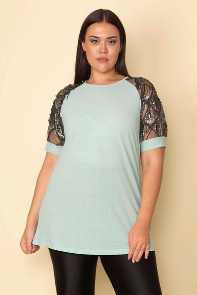 Şans Women's Large Size Green Sleeves Tulle Sequin Detailed Blouse 65n28746