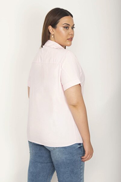 Şans Γυναικεία μπλούζα Ποπλίνα με διπλό μανίκι 65N34456 σε μεγάλο μέγεθος ροζ V λαιμόκοψη