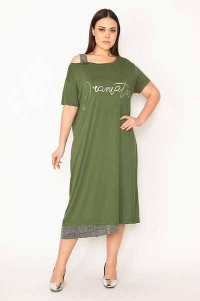 Şans Rochie de damă mare, kaki, cu sclipici, imprimată în față 65n27215