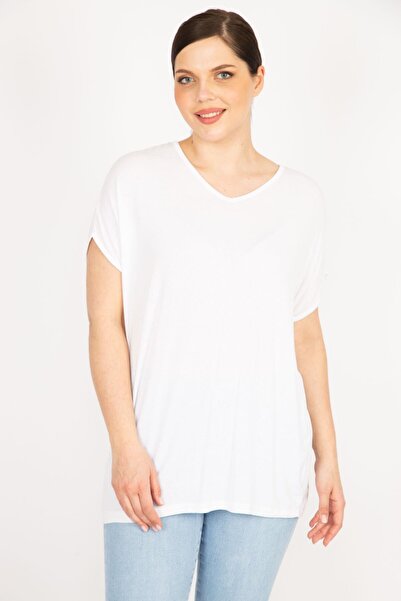 Şans Women's Plus Size White V-Neck Low Sleeve Blouse 65n23546