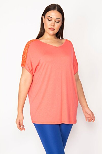 Şans Жіноча блуза великого розміру з мереживними деталями на плечах і V-подібним вирізом 65n34519