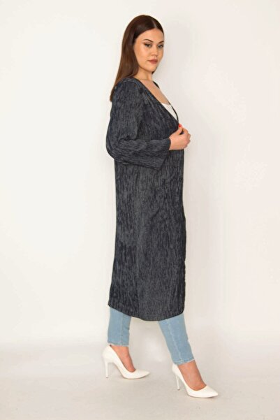 Şans Women's Large Size Navy Blue Line and Pocket Detailed Unlined Long Cape 65n19799