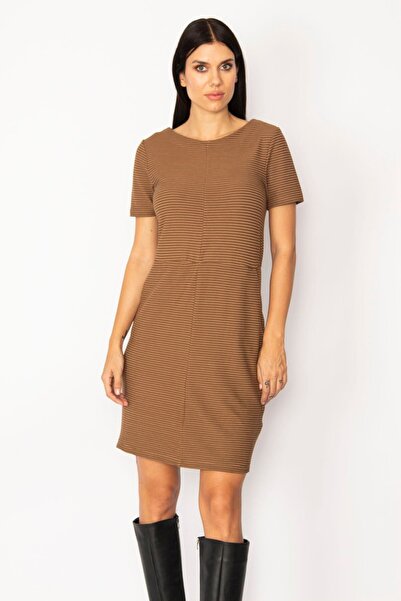 Şans Tekstil Damska brązowa sukienka w paski z kieszeniami 85n6034