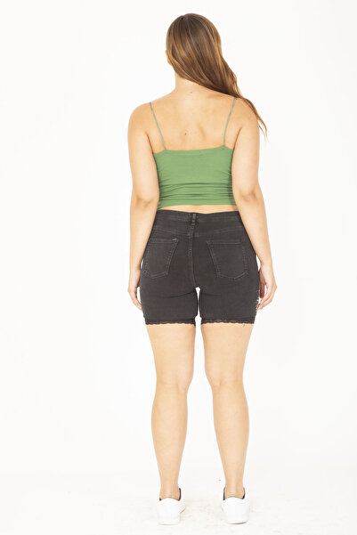 Şans Women's Large Size Black Embroidery Detailed Denim Shorts 65N36804