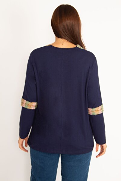 Şans Women's Large Size Navy Blue Lace Detailed Blouse 65n34647