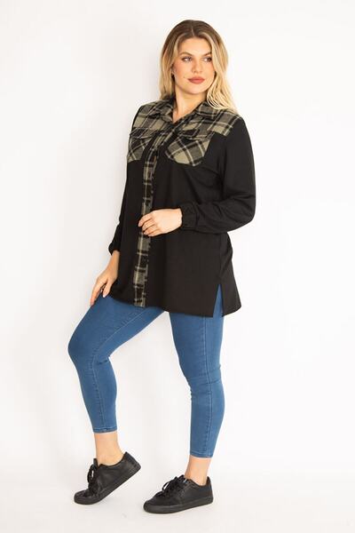 Şans Women's Large Size Khaki Plaid Garnished Front Buttoned Pocket Shirt 65n35140