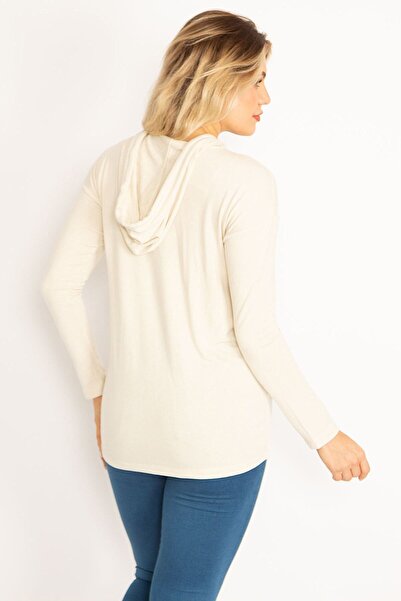 Şans Γυναικεία μπλούζα με κουκούλα σε μεγάλο μέγεθος μπεζ μπροστά με στάμπα με ελαστικό στρίφωμα 65n34600