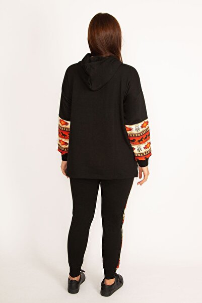 Şans Women's Large Size Black Front Zipper Hooded Tracksuit 65n30948