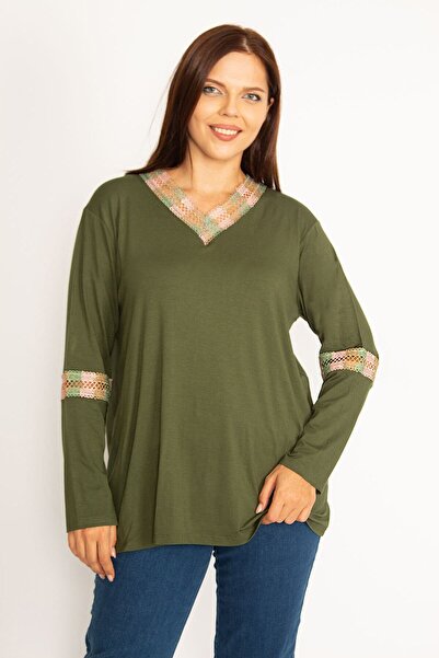 Şans Γυναικεία Μπλούζα Δαντέλα Χακί Μεγάλου Μεγάλου Μεγάλου Μεγέθους Λεπτομερής Μπλούζα 65n34647