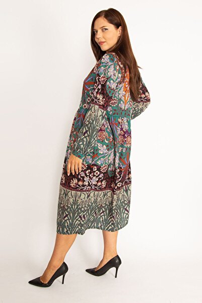 Şans Γυναικείο φόρεμα μεγάλου μεγέθους πολύχρωμο μπροστά με κουμπιά στη μέση 65n34612