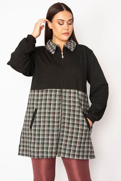 Şans Women's Large Size Green Plaid Pattern Detailed Zippered Pocket Coat 65n29569