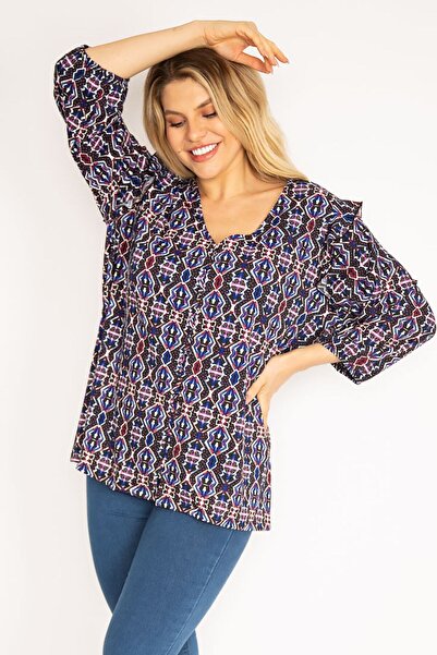 Şans Women's Large Size Colorful Buttoned Front Frilled Shoulder Tunic 65n35120