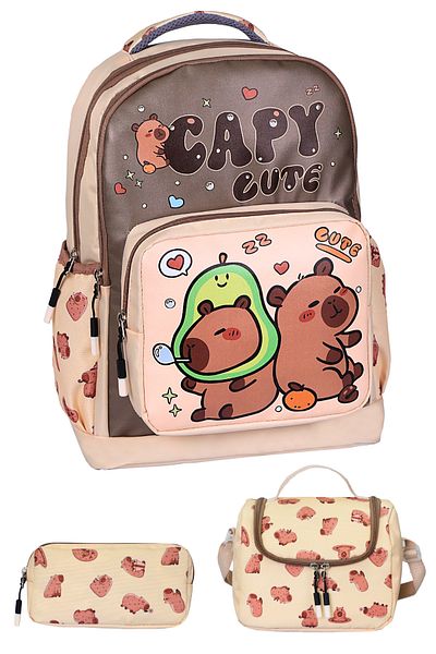 Çantaland 3-Piece Primary School Capy Cute Printed School Bag with Girl's Nutrition and Pen Holder